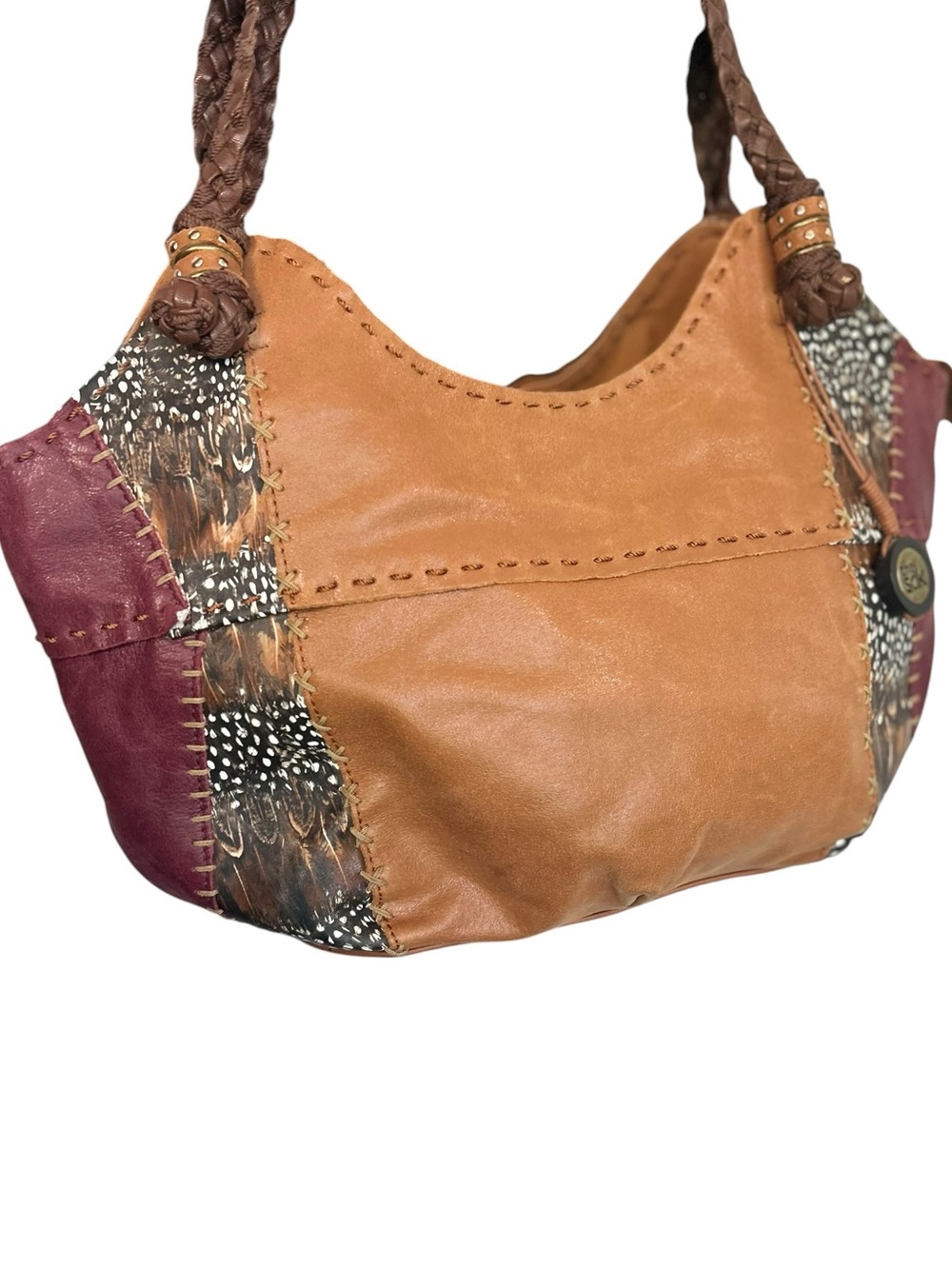 The Sak Colorblock Leather Shoulder Hobo Bag Purse Brown Red Feather Design Read